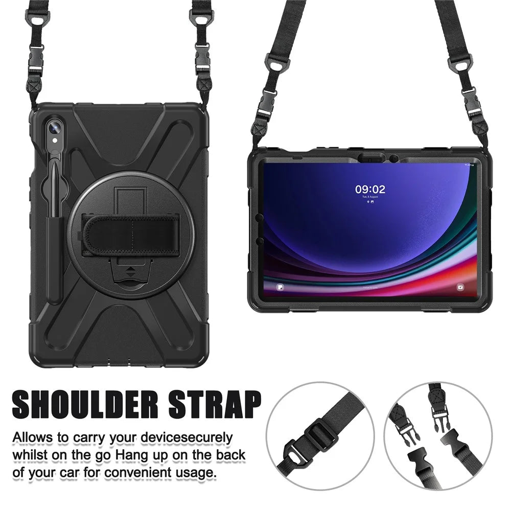 For Samsung Galaxy Tab S10 Lite / S10 FE / S9 FE / S9 X710 / S8 X700 / S7 T870 PC+Silicone Tablet Case Kickstand Cover with Straps - Black - 7