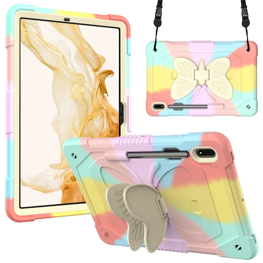 For Samsung Galaxy Tab S9 Shockproof Silicone + PC Tablet Case Kickstand Cover Butterfly Shape with Shoulder Strap - Colorful Rose Gold - 1