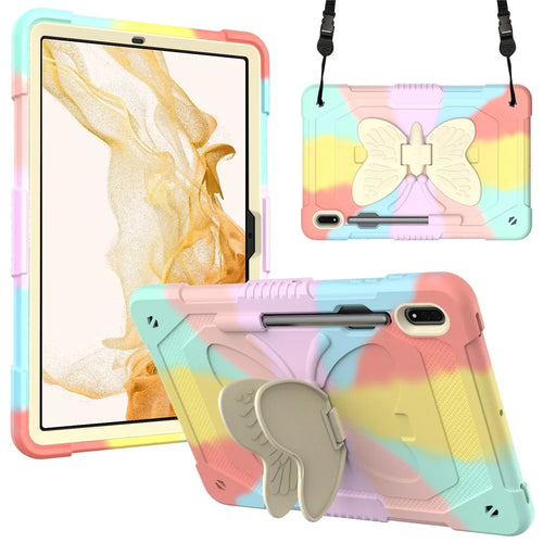 For Samsung Galaxy Tab S9 Shockproof Silicone + PC Tablet Case Kickstand Cover Butterfly Shape with Shoulder Strap - Colorful Rose Gold - 1