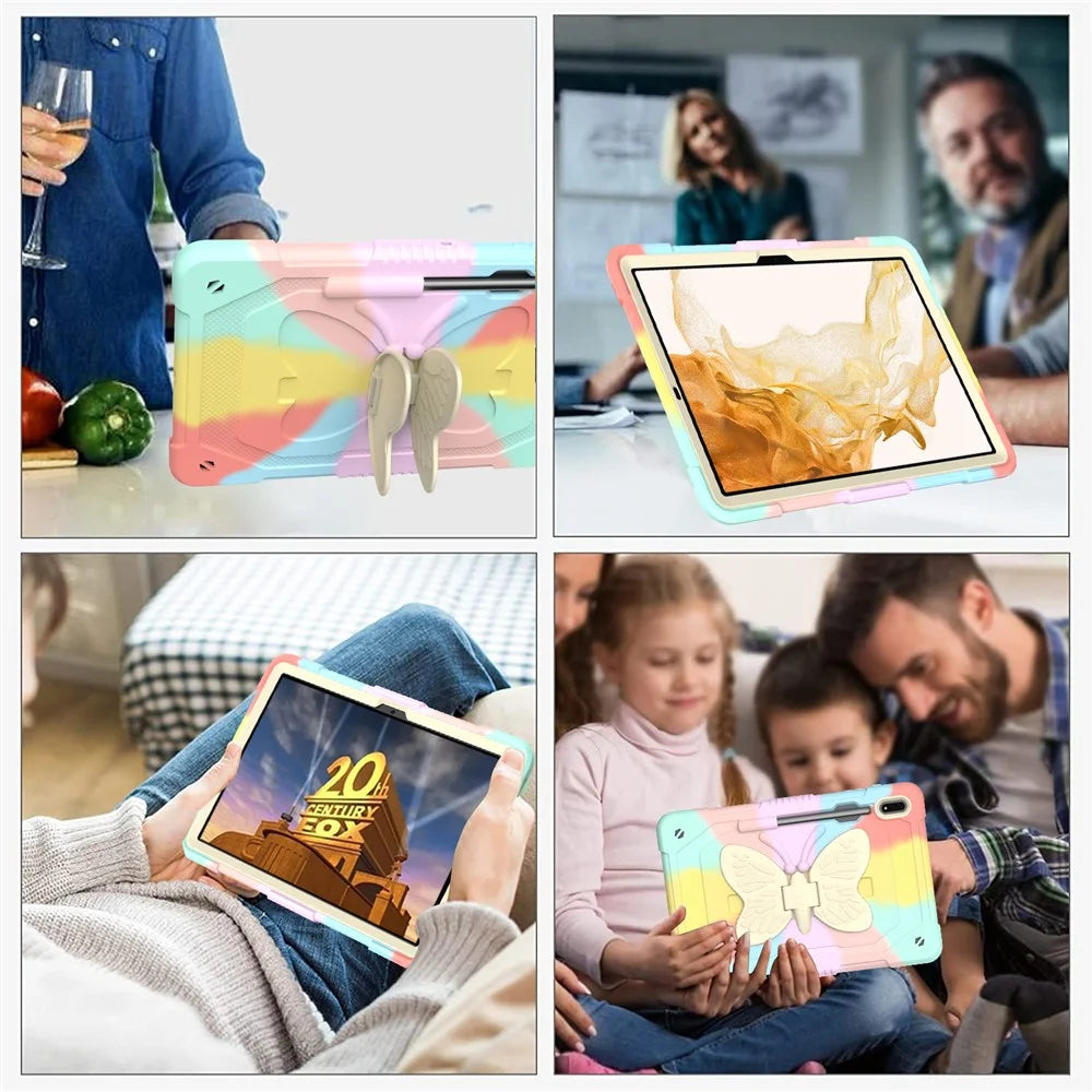 For Samsung Galaxy Tab S9 Shockproof Silicone + PC Tablet Case Kickstand Cover Butterfly Shape with Shoulder Strap - Colorful Rose Gold - 3