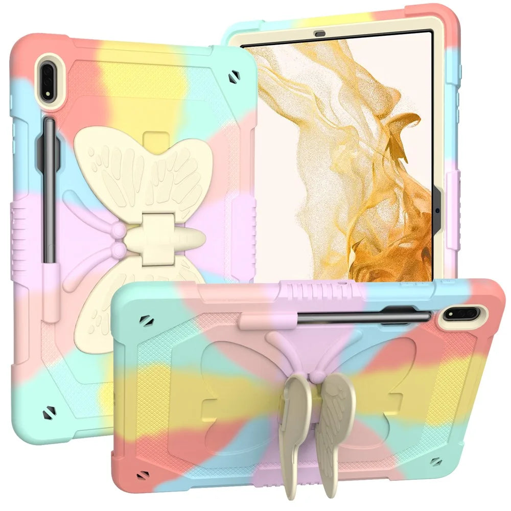 For Samsung Galaxy Tab S9 Shockproof Silicone + PC Tablet Case Kickstand Cover Butterfly Shape with Shoulder Strap - Colorful Rose Gold - 7