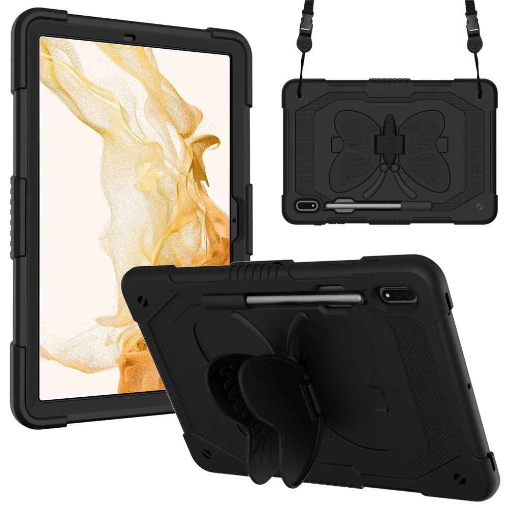 Drop-proof Tablet Case for Samsung Galaxy Tab S9+ Silicone + PC Butterfly Shape Kickstand Cover with Shoulder Strap - Black - 1