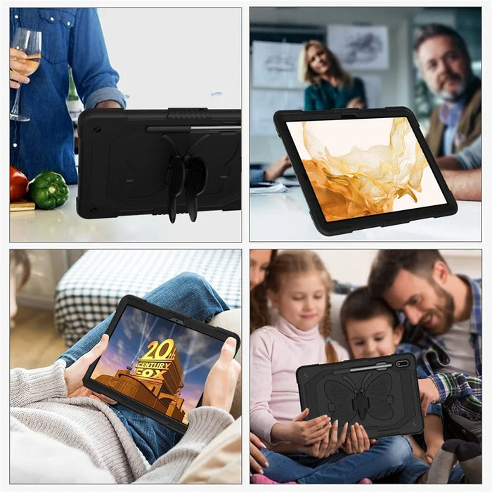 Anti-scratch Silicone + PC Tablet Case for Samsung Galaxy Tab S9 Butterfly Shape Kickstand Cover with Shoulder Strap - Black - 3