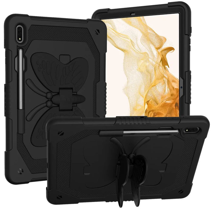 Anti-scratch Silicone + PC Tablet Case for Samsung Galaxy Tab S9 Butterfly Shape Kickstand Cover with Shoulder Strap - Black - 7