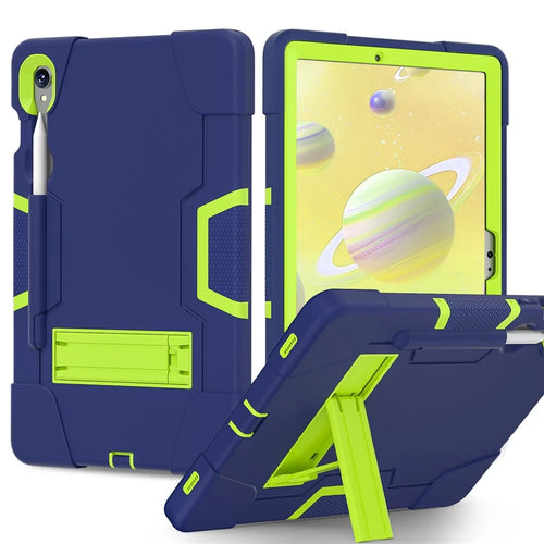Silicone + PC Tablet Case for Samsung Galaxy Tab S10 FE / S9 FE / S9 SM-X710 SM-X510 Robot Style Dual Color Kickstand Cover - Navy Blue / Yellow Green - 1