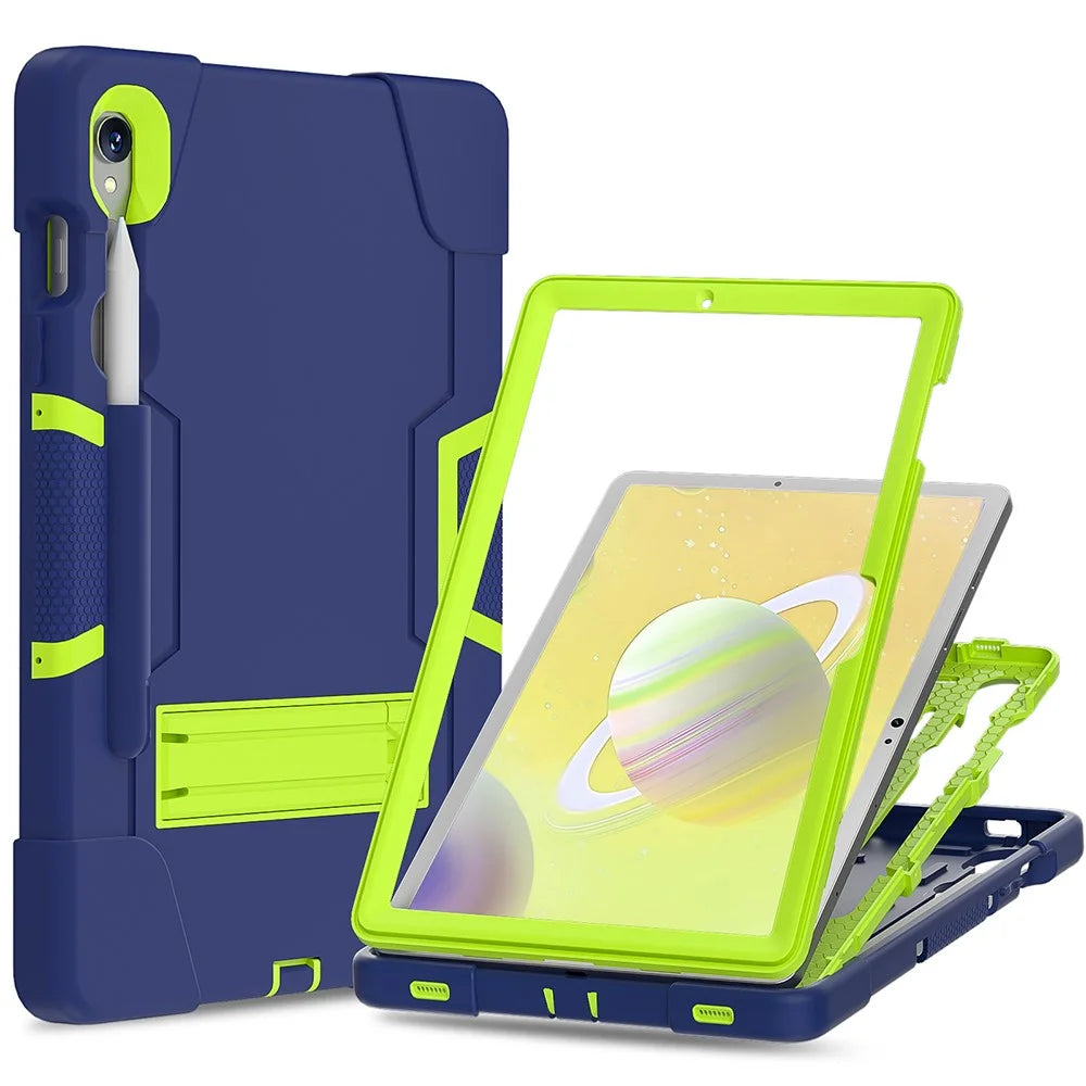 Silicone + PC Tablet Case for Samsung Galaxy Tab S10 FE / S9 FE / S9 SM-X710 SM-X510 Robot Style Dual Color Kickstand Cover - Navy Blue / Yellow Green - 2