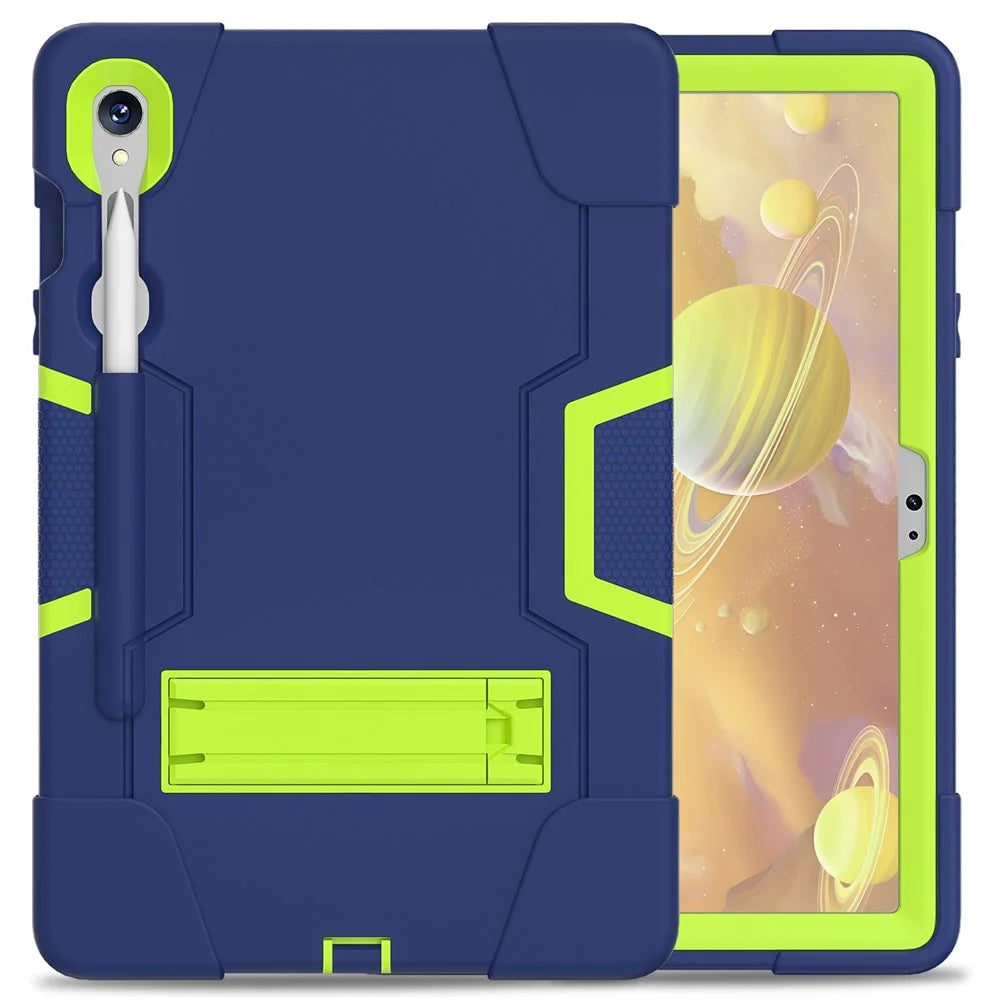 Silicone + PC Tablet Case for Samsung Galaxy Tab S10 FE / S9 FE / S9 SM-X710 SM-X510 Robot Style Dual Color Kickstand Cover - Navy Blue / Yellow Green - 3
