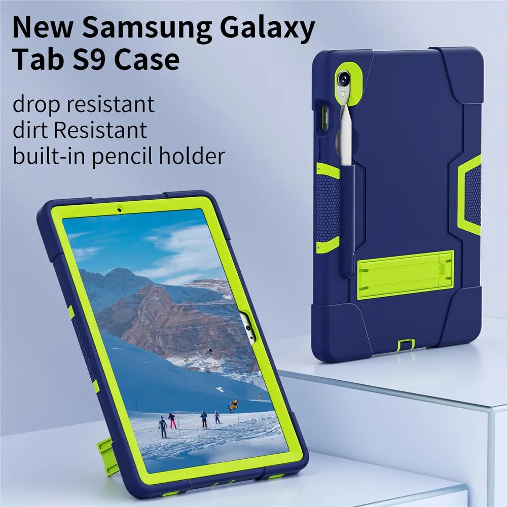 Silicone + PC Tablet Case for Samsung Galaxy Tab S10 FE / S9 FE / S9 SM-X710 SM-X510 Robot Style Dual Color Kickstand Cover - Navy Blue / Yellow Green - 4