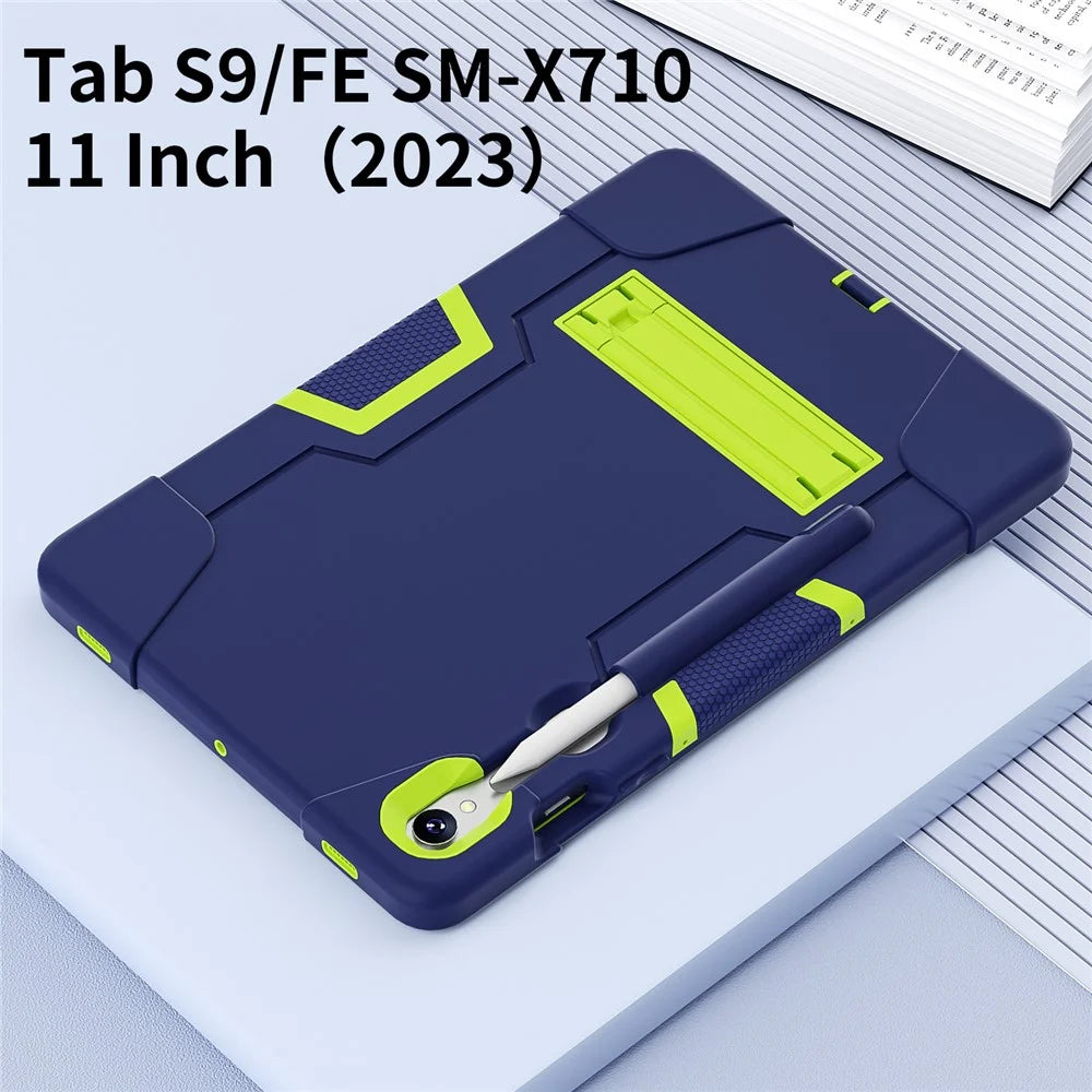 Silicone + PC Tablet Case for Samsung Galaxy Tab S10 FE / S9 FE / S9 SM-X710 SM-X510 Robot Style Dual Color Kickstand Cover - Navy Blue / Yellow Green - 5