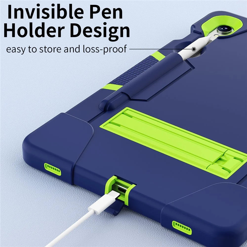 Silicone + PC Tablet Case for Samsung Galaxy Tab S10 FE / S9 FE / S9 SM-X710 SM-X510 Robot Style Dual Color Kickstand Cover - Navy Blue / Yellow Green - 6