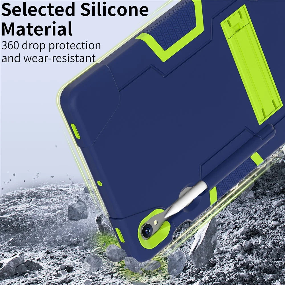 Silicone + PC Tablet Case for Samsung Galaxy Tab S10 FE / S9 FE / S9 SM-X710 SM-X510 Robot Style Dual Color Kickstand Cover - Navy Blue / Yellow Green - 7