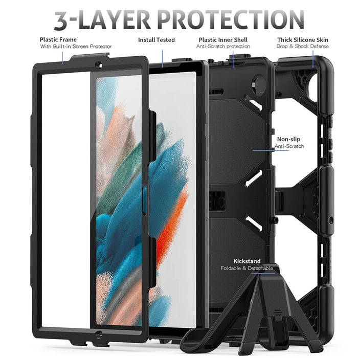 Kickstand Cover for Samsung Galaxy Tab A8 10.5 (2021) / (2022) , PC + Silicone Tablet Case with PET Screen Protector - Black - 3