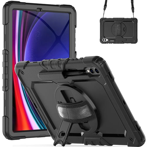 For Samsung Galaxy Tab S10+ / S9+ (SM-X810 / X816B / X818U) PC+Silicone Tablet Case Kickstand Protective Cover with PET Screen Film - Black - 1