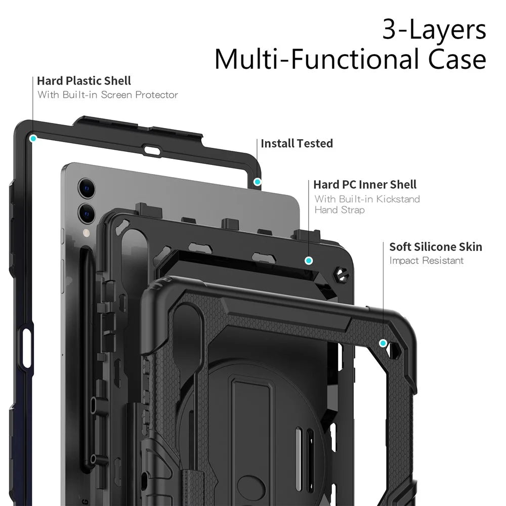 For Samsung Galaxy Tab S10+ / S9+ (SM-X810 / X816B / X818U) PC+Silicone Tablet Case Kickstand Protective Cover with PET Screen Film - Black - 6