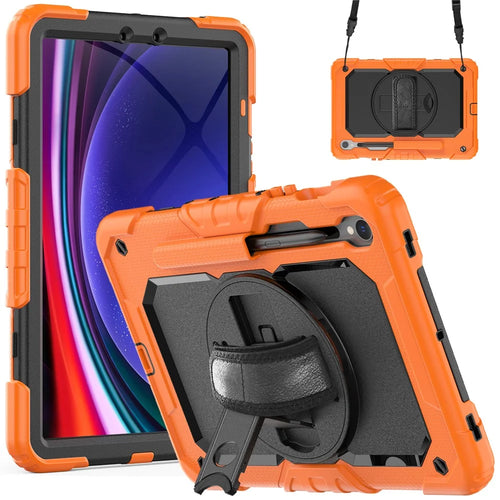 For Samsung Galaxy Tab S9 (X710 / X716B / X718U) PC+Silicone Kickstand Case Anti-Drop Tablet Cover with PET Screen Film - Orange - 1
