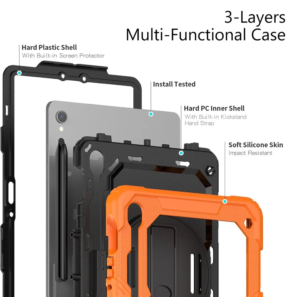 For Samsung Galaxy Tab S9 (X710 / X716B / X718U) PC+Silicone Kickstand Case Anti-Drop Tablet Cover with PET Screen Film - Orange - 5