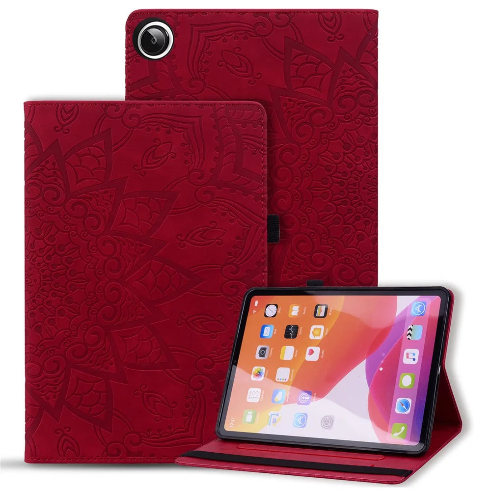 For Samsung Galaxy Tab A9+ PU Leather Tablet Case Imprinted Flower Pattern Card Slot Tablet Stand Cover - Red - 1