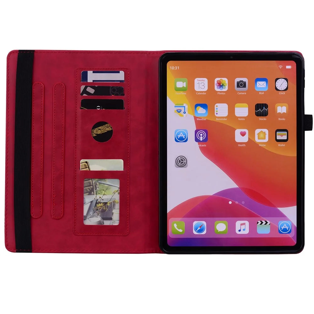For Samsung Galaxy Tab A9+ PU Leather Tablet Case Imprinted Flower Pattern Card Slot Tablet Stand Cover - Red - 2