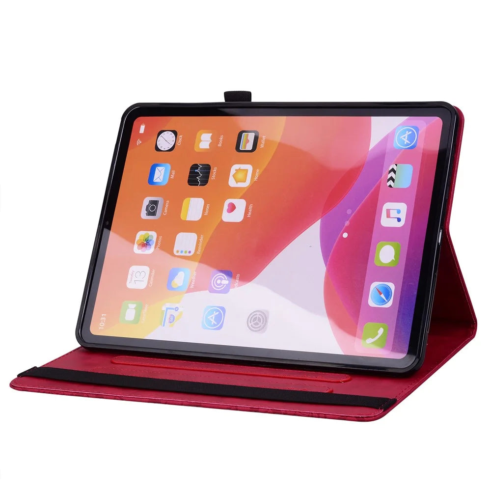 For Samsung Galaxy Tab A9+ PU Leather Tablet Case Imprinted Flower Pattern Card Slot Tablet Stand Cover - Red - 3
