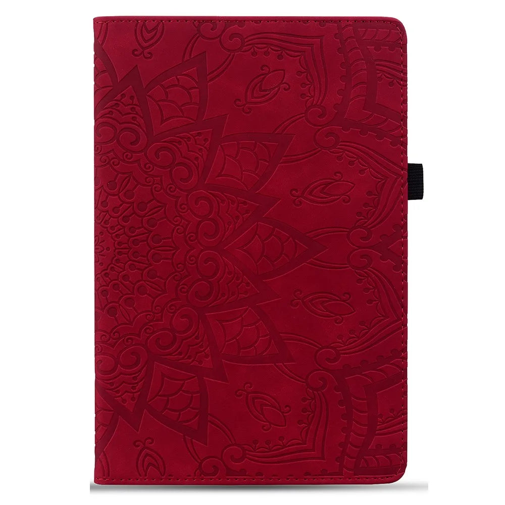 For Samsung Galaxy Tab A9+ PU Leather Tablet Case Imprinted Flower Pattern Card Slot Tablet Stand Cover - Red - 6