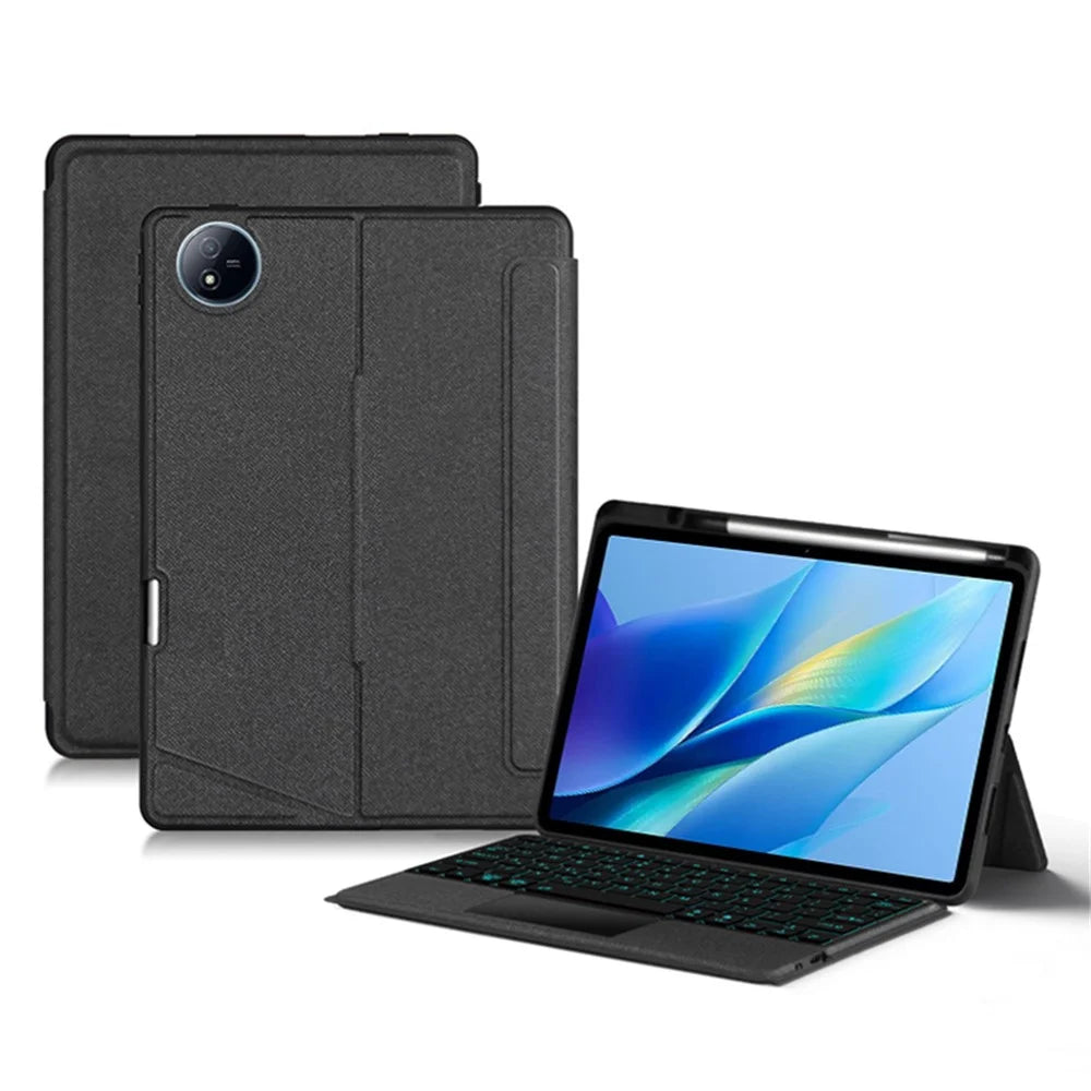 For vivo Pad Air Leather Case + Bluetooth-compatible Keyboard with Backlight Trackpad - Black - 1