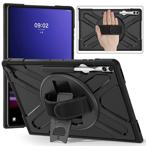 Kickstand Tablet Case for Samsung Galaxy Tab S10 Ultra X920 / S8 Ultra X900 X906 / Tab S9 Ultra X910 , Rugged Shockproof PC + TPU Cover with Hand Strap - Black - 1