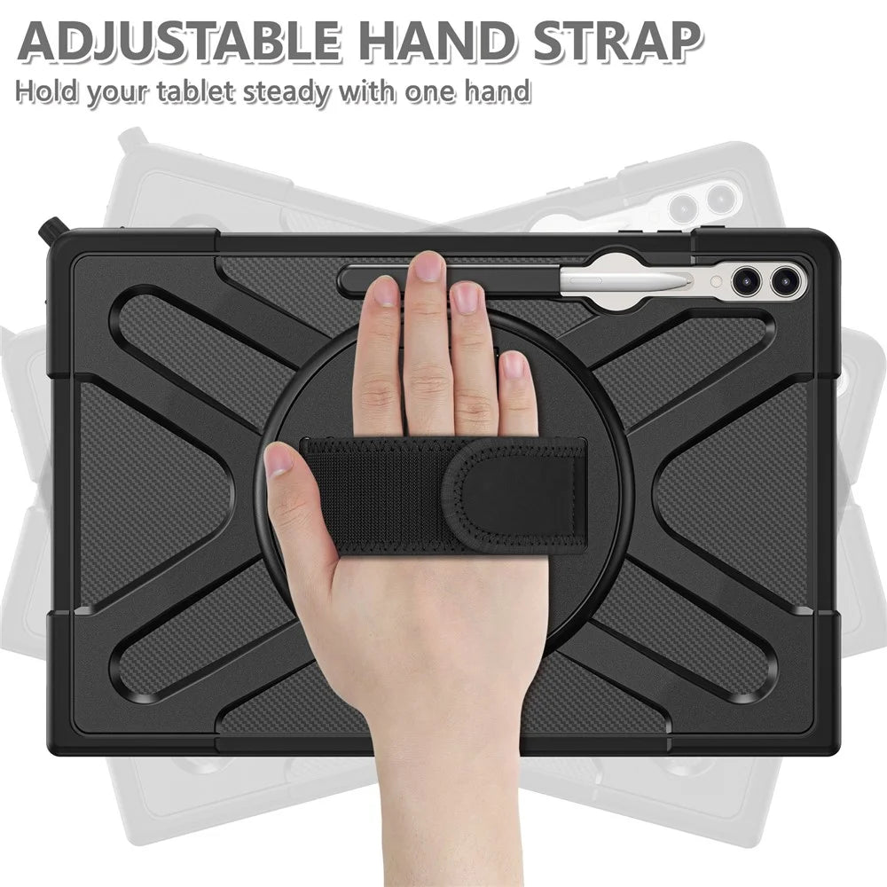 Kickstand Tablet Case for Samsung Galaxy Tab S10 Ultra X920 / S8 Ultra X900 X906 / Tab S9 Ultra X910 , Rugged Shockproof PC + TPU Cover with Hand Strap - Black - 2