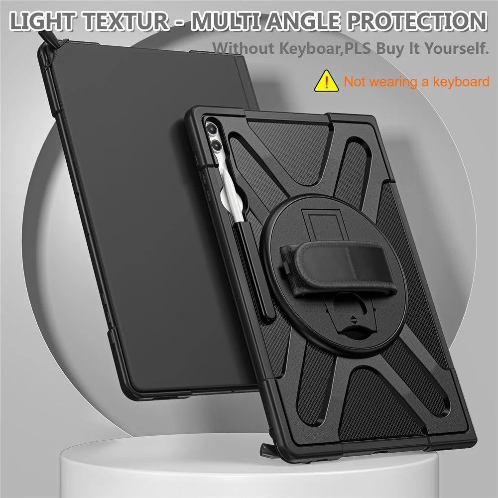 Kickstand Tablet Case for Samsung Galaxy Tab S10 Ultra X920 / S8 Ultra X900 X906 / Tab S9 Ultra X910 , Rugged Shockproof PC + TPU Cover with Hand Strap - Black - 3