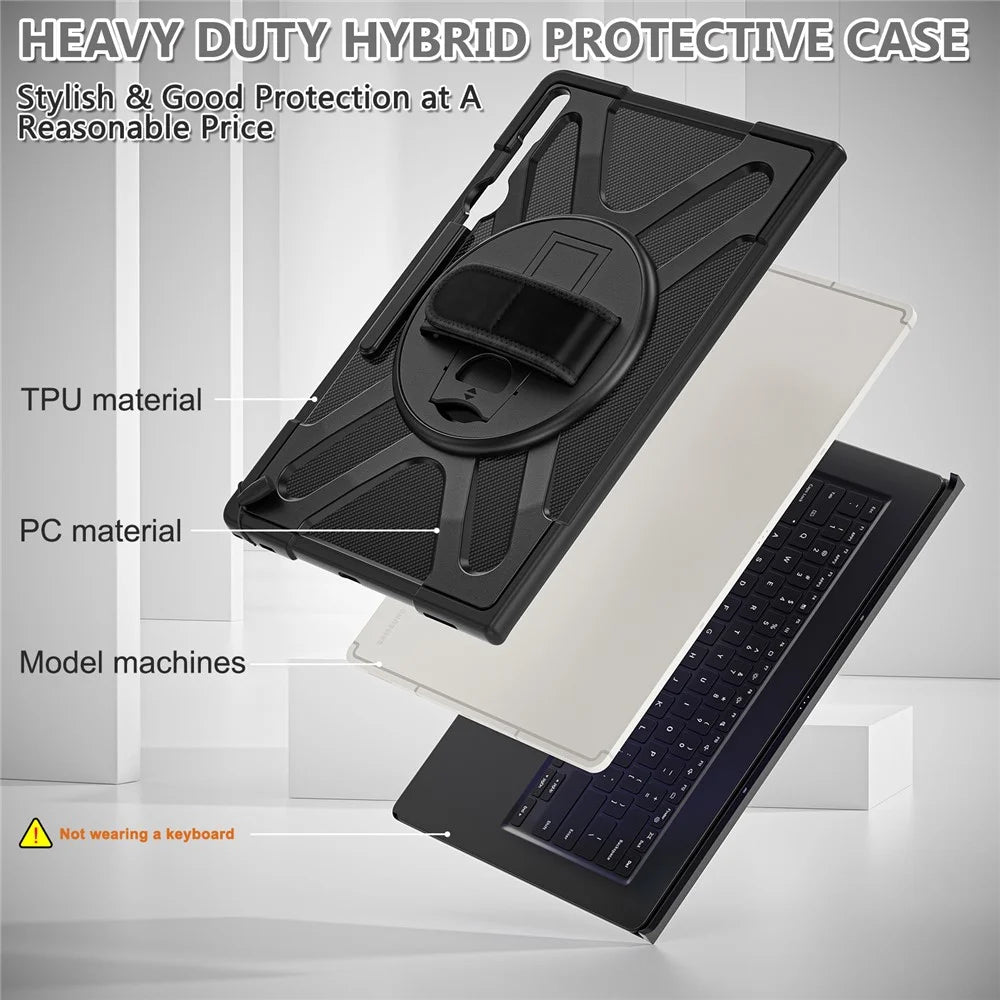 Kickstand Tablet Case for Samsung Galaxy Tab S10 Ultra X920 / S8 Ultra X900 X906 / Tab S9 Ultra X910 , Rugged Shockproof PC + TPU Cover with Hand Strap - Black - 5
