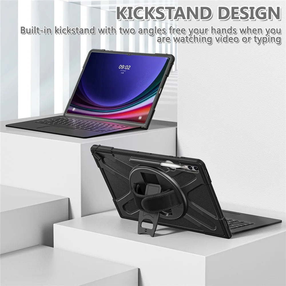 Kickstand Tablet Case for Samsung Galaxy Tab S10 Ultra X920 / S8 Ultra X900 X906 / Tab S9 Ultra X910 , Rugged Shockproof PC + TPU Cover with Hand Strap - Black - 6