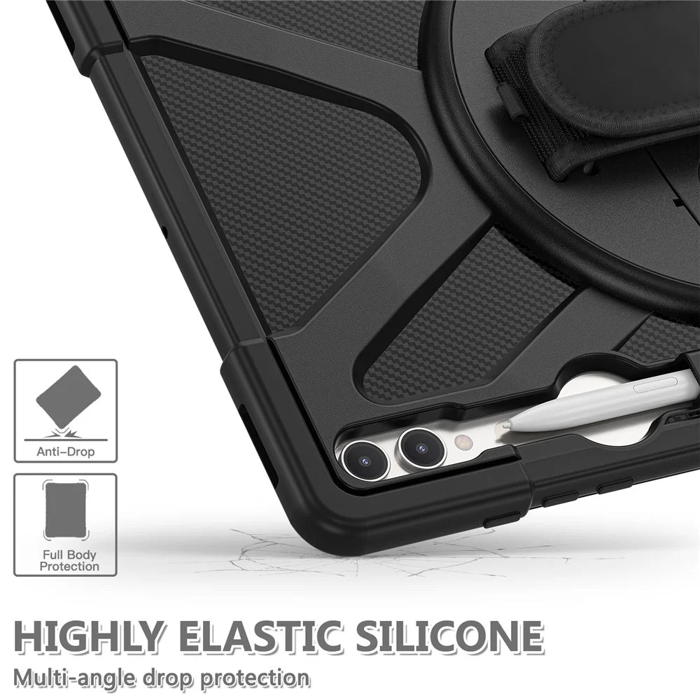 Kickstand Tablet Case for Samsung Galaxy Tab S10 Ultra X920 / S8 Ultra X900 X906 / Tab S9 Ultra X910 , Rugged Shockproof PC + TPU Cover with Hand Strap - Black - 7