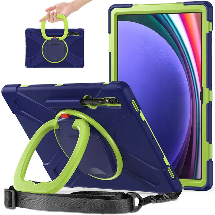 For Samsung Galaxy Tab S10 Ultra X920 / S9 Ultra X910 / S8 Ultra X900 / X906 PC+Silicone Tablet Case Rotating Kickstand Cover with Shoulder Strap - Blue  /  Yellowgreen - 1