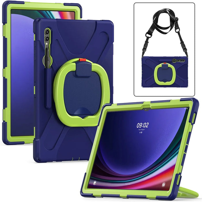 For Samsung Galaxy Tab S10 Ultra X920 / S9 Ultra X910 / S8 Ultra X900 / X906 PC+Silicone Tablet Case Rotating Kickstand Cover with Shoulder Strap - Blue  /  Yellowgreen - 2