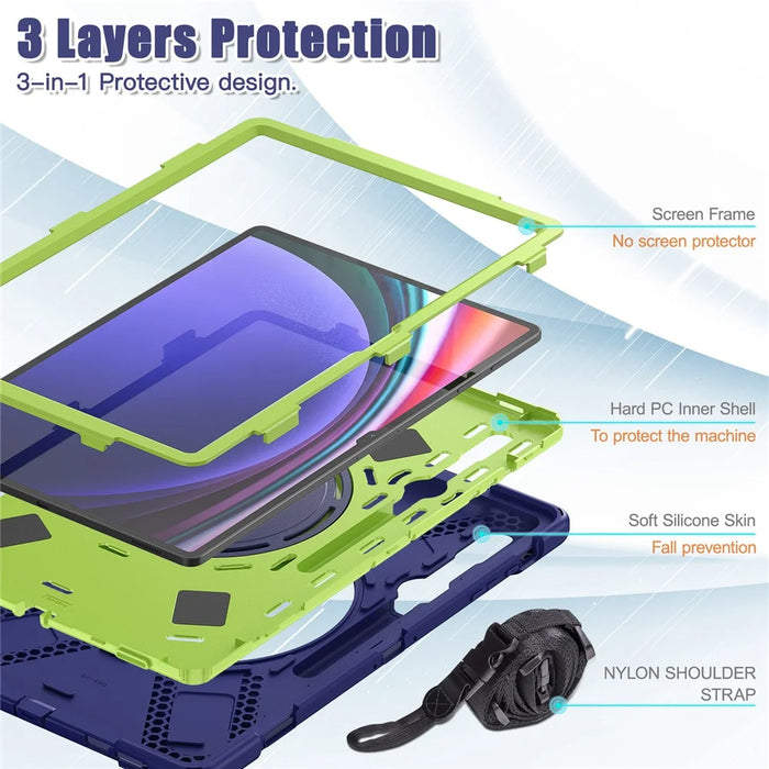 For Samsung Galaxy Tab S10 Ultra X920 / S9 Ultra X910 / S8 Ultra X900 / X906 PC+Silicone Tablet Case Rotating Kickstand Cover with Shoulder Strap - Blue  /  Yellowgreen - 3