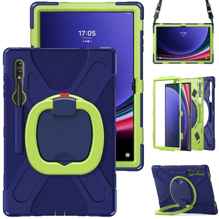 For Samsung Galaxy Tab S10 Ultra X920 / S9 Ultra X910 / S8 Ultra X900 / X906 PC+Silicone Tablet Case Rotating Kickstand Cover with Shoulder Strap - Blue  /  Yellowgreen - 5