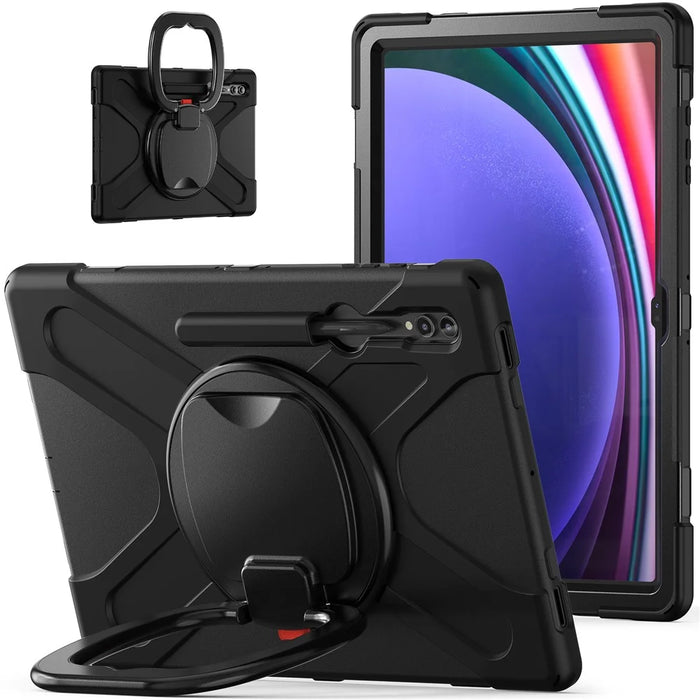 For Samsung Galaxy Tab S10 Ultra X920 / S9 Ultra X910 / S8 Ultra X900 / X906 PC+ Silicone Tablet Case Drop-Proof Rotating Kickstand Cover - Black - 1