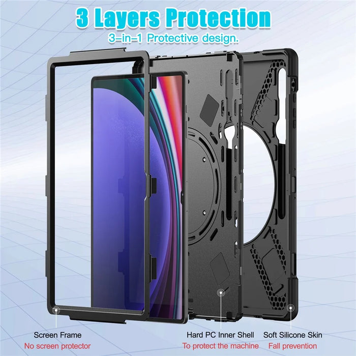 For Samsung Galaxy Tab S10 Ultra X920 / S9 Ultra X910 / S8 Ultra X900 / X906 PC+ Silicone Tablet Case Drop-Proof Rotating Kickstand Cover - Black - 4