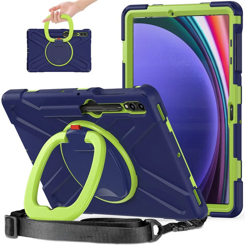 For Samsung Samsung Galaxy Tab S10+ X826 / S9 FE+ / S9+ / S8+ / S7+ Kickstand Tablet Case Shockproof PC+Silicone Cover, Shoulder Strap - Blue  /  Yellowgreen - 1