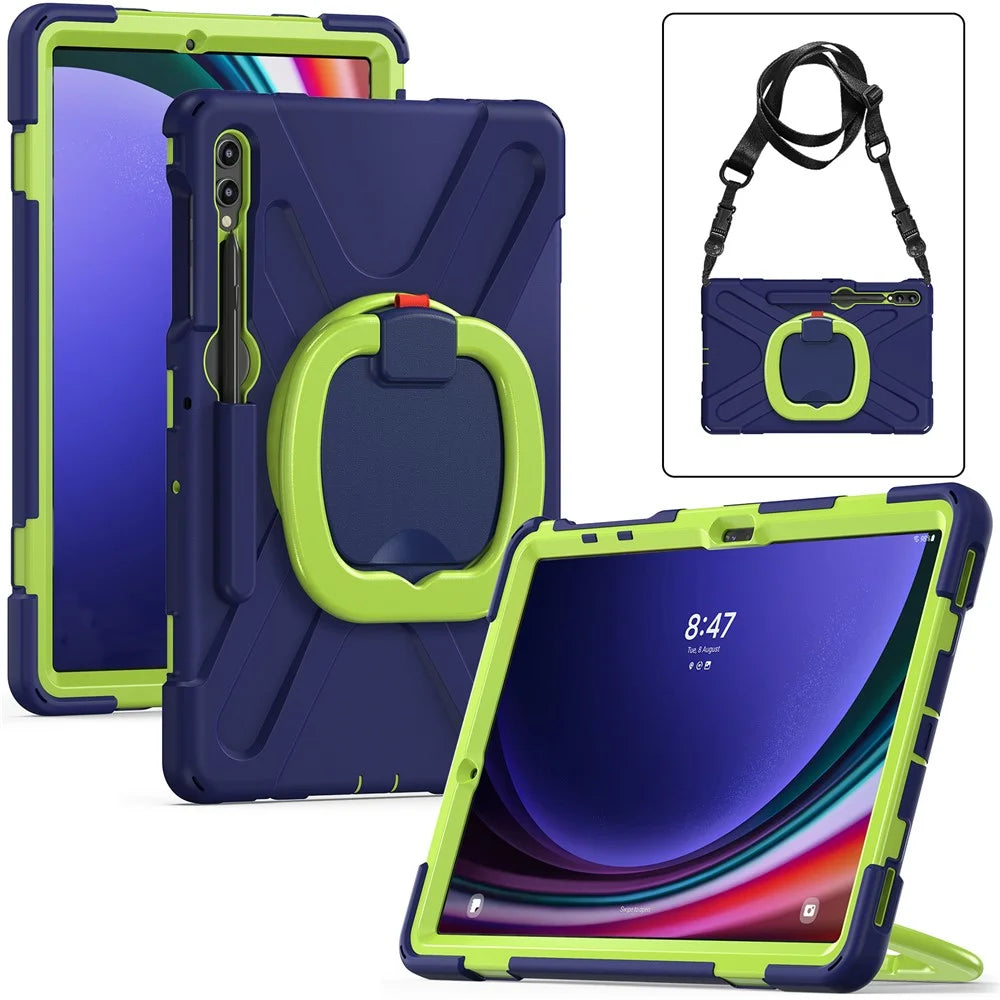 For Samsung Samsung Galaxy Tab S10+ X826 / S9 FE+ / S9+ / S8+ / S7+ Kickstand Tablet Case Shockproof PC+Silicone Cover, Shoulder Strap - Blue  /  Yellowgreen - 2