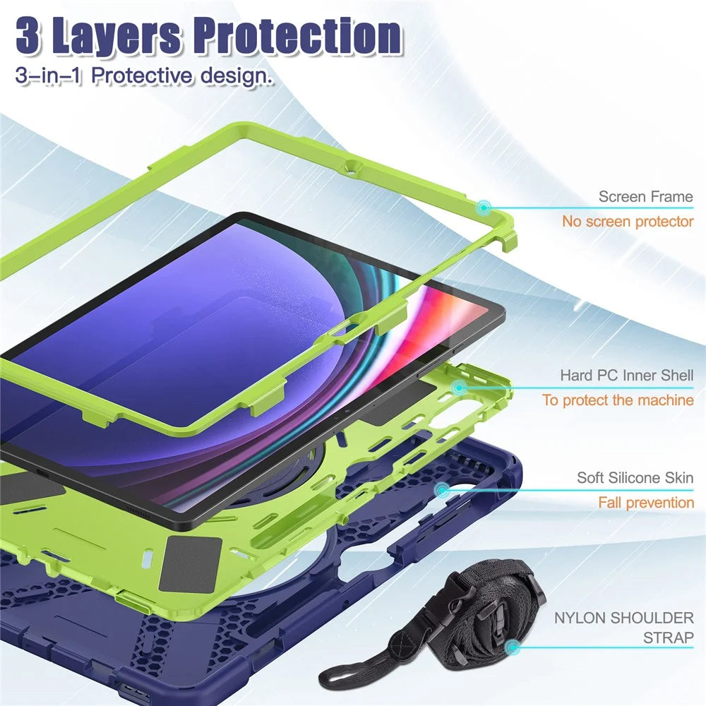 For Samsung Samsung Galaxy Tab S10+ X826 / S9 FE+ / S9+ / S8+ / S7+ Kickstand Tablet Case Shockproof PC+Silicone Cover, Shoulder Strap - Blue  /  Yellowgreen - 3