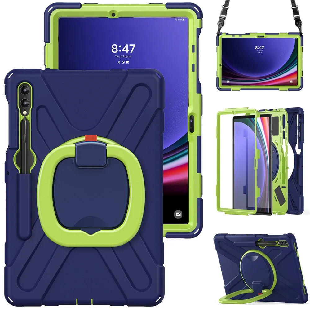 For Samsung Samsung Galaxy Tab S10+ X826 / S9 FE+ / S9+ / S8+ / S7+ Kickstand Tablet Case Shockproof PC+Silicone Cover, Shoulder Strap - Blue  /  Yellowgreen - 5