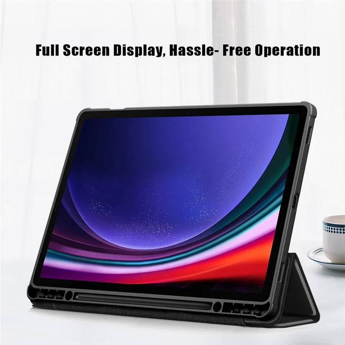 For Samsung Galaxy Tab S10+ Wi-Fi SM-X820 SM-X826B / Tab S9+ (SM-X810 / SM-X816B / SM-X818U) Pen Slot Tablet Case Tri-Fold Stand TPU+Acrylic+PU Leather Cover - Black - 5