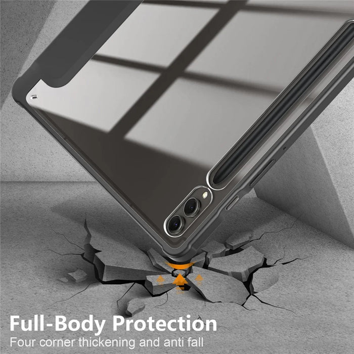 For Samsung Galaxy Tab S10+ Wi-Fi SM-X820 SM-X826B / Tab S9+ (SM-X810 / SM-X816B / SM-X818U) Pen Slot Tablet Case Tri-Fold Stand TPU+Acrylic+PU Leather Cover - Black - 7