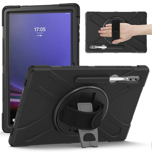 For Samsung Galaxy Tab S10 Ultra X920 / S9 Ultra X910 / S8 Ultra X900 / X906 PC+Silicone Kickstand Tablet Case with Hand Band - Black - 1