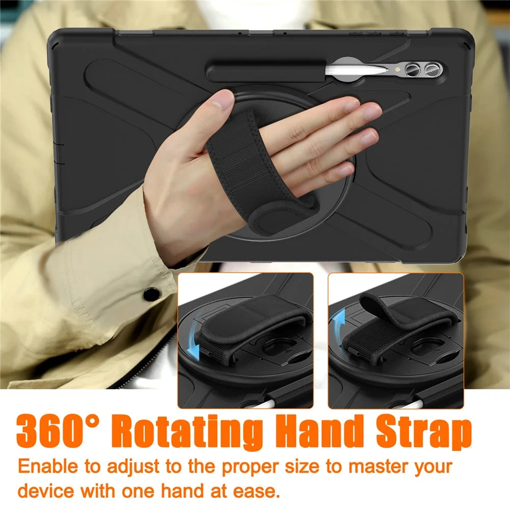 For Samsung Galaxy Tab S10 Ultra X920 / S9 Ultra X910 / S8 Ultra X900 / X906 PC+Silicone Kickstand Tablet Case with Hand Band - Black - 5