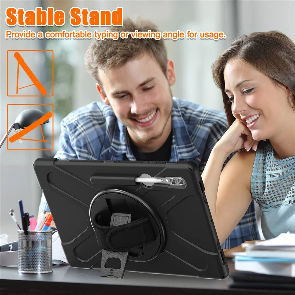 For Samsung Galaxy Tab S10 Ultra X920 / S9 Ultra X910 / S8 Ultra X900 / X906 PC+Silicone Kickstand Tablet Case with Hand Band - Black - 7