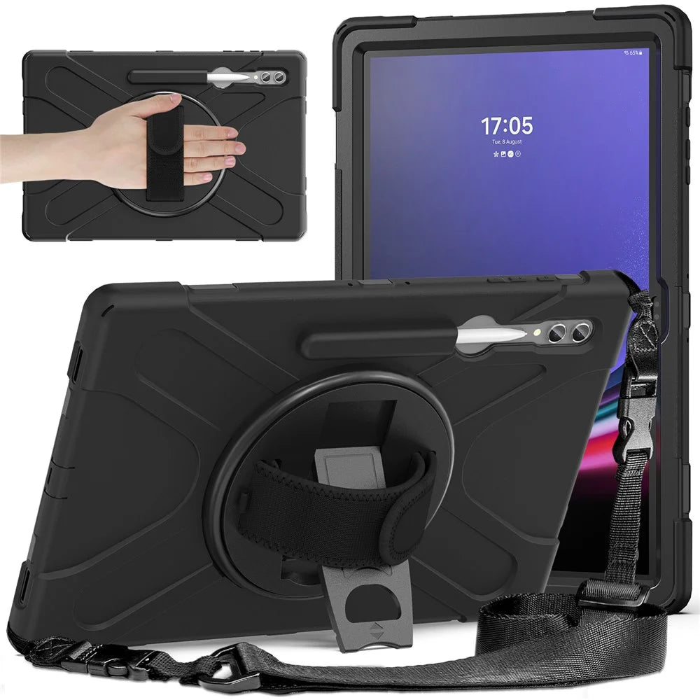 For Samsung Galaxy Tab S10 Ultra X920 / S9 Ultra X910 / S8 Ultra X900 / X906 PC+Silicone Tablet Case Hand Band Kickstand with Shoulder Strap - Black - 1