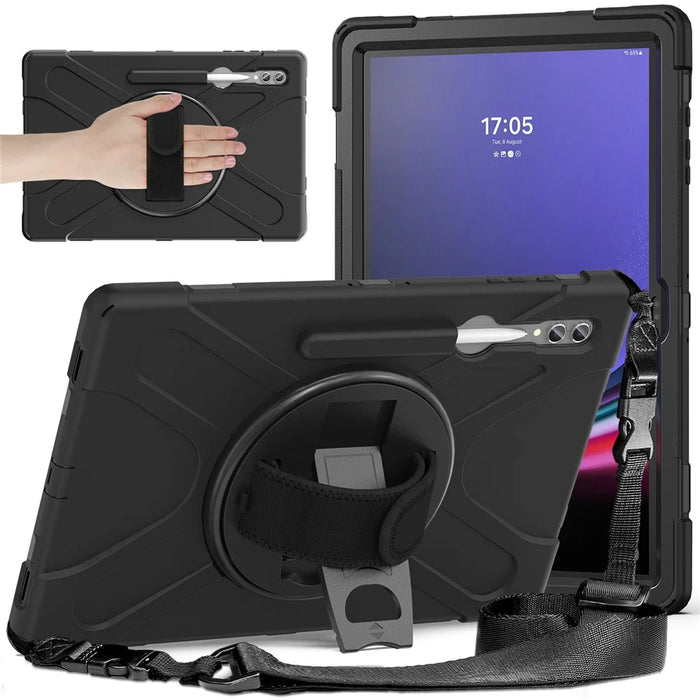 For Samsung Galaxy Tab S10 Ultra X920 / S9 Ultra X910 / S8 Ultra X900 / X906 PC+Silicone Tablet Case Hand Band Kickstand with Shoulder Strap - Black - 1