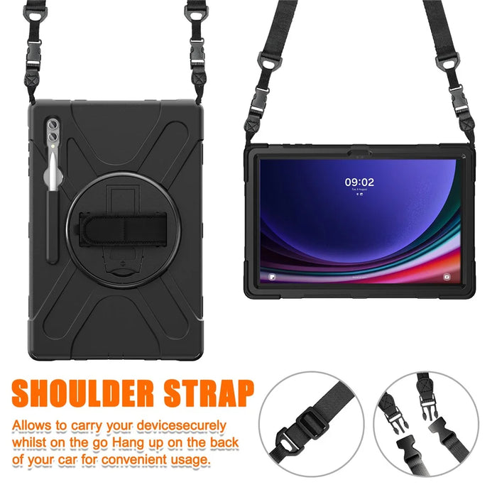 For Samsung Galaxy Tab S10 Ultra X920 / S9 Ultra X910 / S8 Ultra X900 / X906 PC+Silicone Tablet Case Hand Band Kickstand with Shoulder Strap - Black - 4