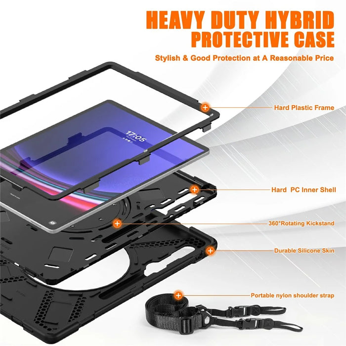 For Samsung Galaxy Tab S10 Ultra X920 / S9 Ultra X910 / S8 Ultra X900 / X906 PC+Silicone Tablet Case Hand Band Kickstand with Shoulder Strap - Black - 6